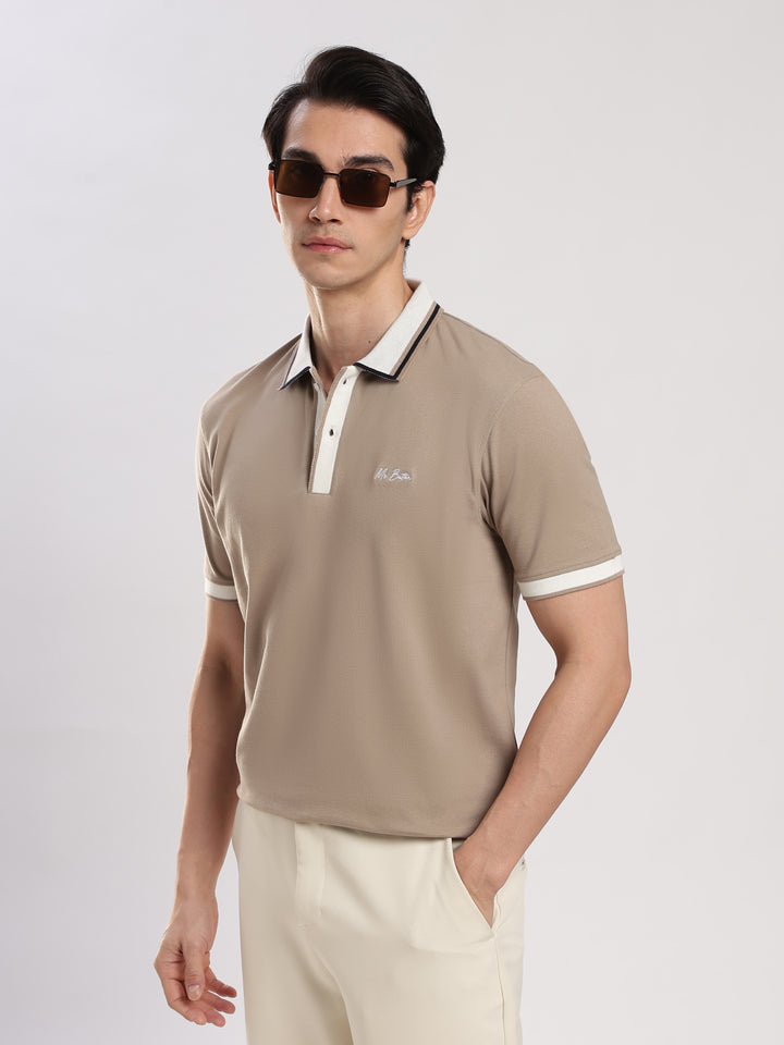 Beige Solid  Half Sleeve  Polo T-Shirt