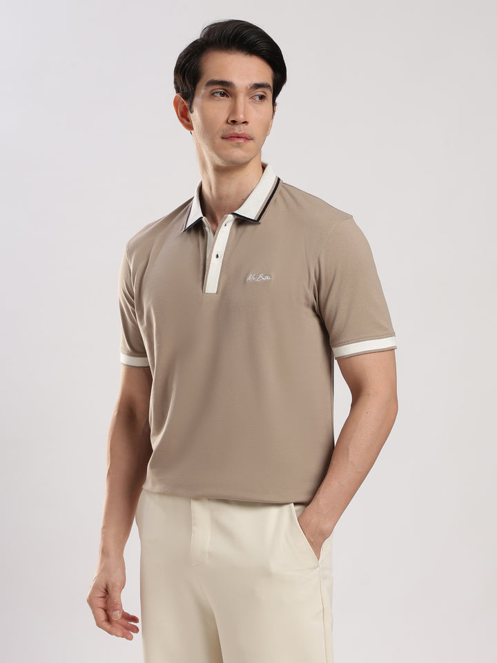 Beige Solid  Half Sleeve  Polo T-Shirt