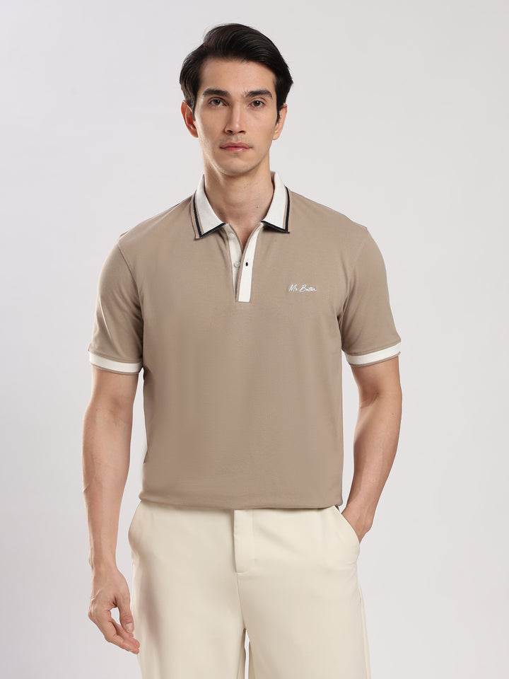 Beige Solid  Half Sleeve  Polo T-Shirt