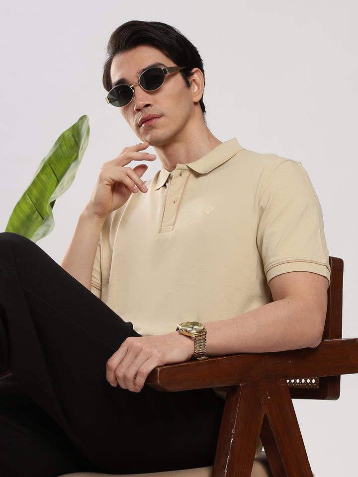 Beige  Solid Polo T-Shirt