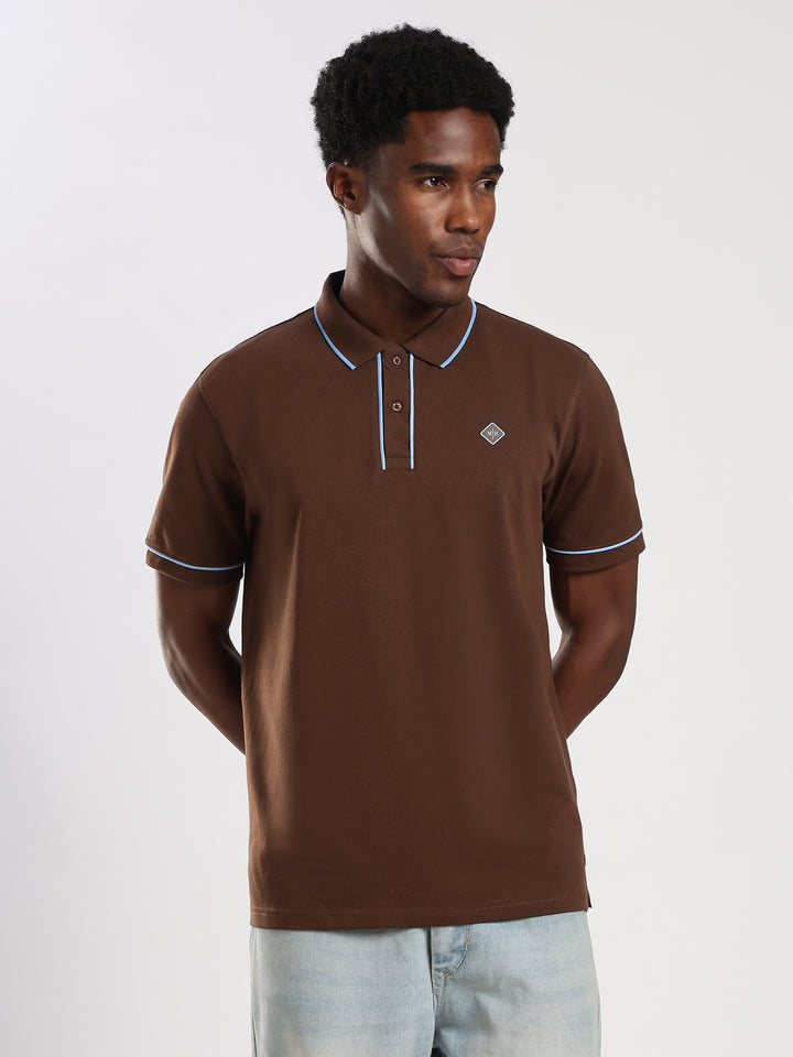 Dark Brown  Solid Half Sleeve Polo T-Shirt