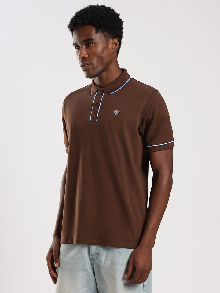 Dark Brown  Solid Half Sleeve Polo T-Shirt