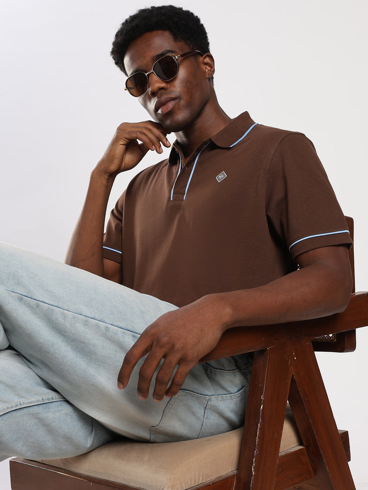 Dark Brown  Solid Half Sleeve Polo T-Shirt