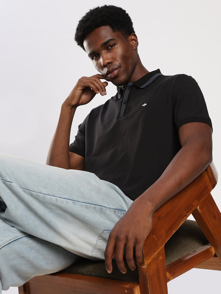 Black Solid  Half Sleeve Polo T-Shirt