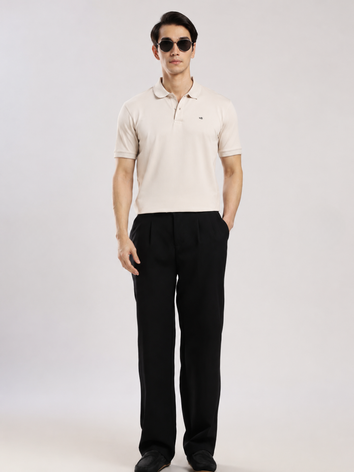Beige Solid  Half Sleeve Polo T-Shirt