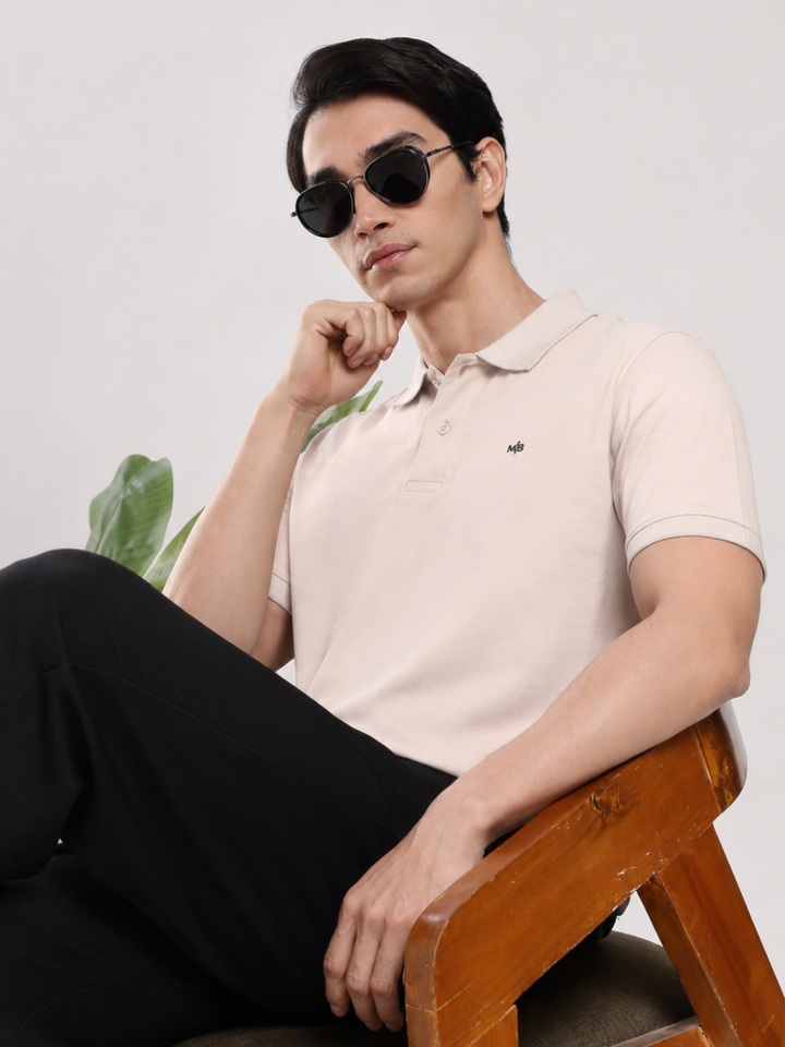 Beige Solid  Half Sleeve Polo T-Shirt