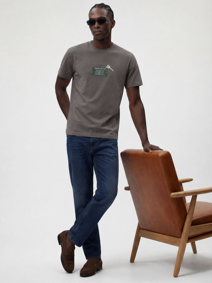 Dark Grey Cotton Lycra Regular Fit Printed Round Neck T-Shirt