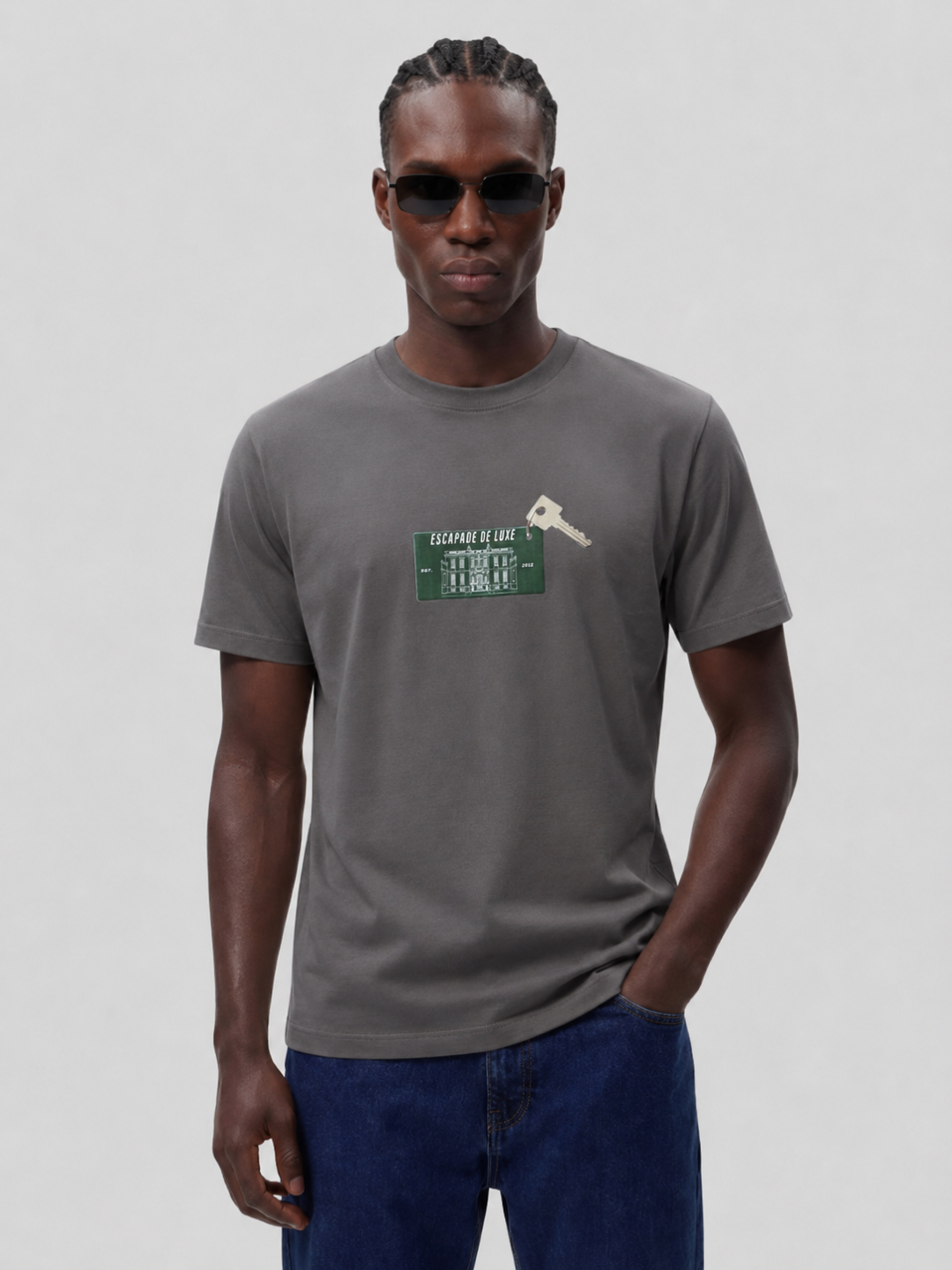 Dark Grey Cotton Lycra Regular Fit Printed Round Neck T-Shirt