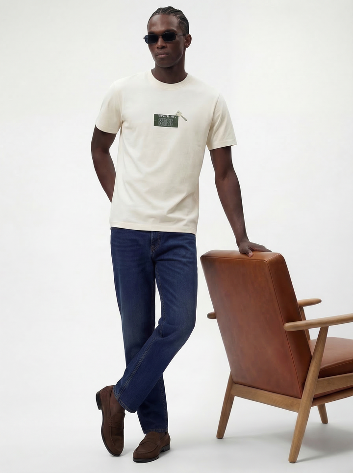 Offwhite Cotton Lycra Regular Fit Printed Round Neck T-Shirt