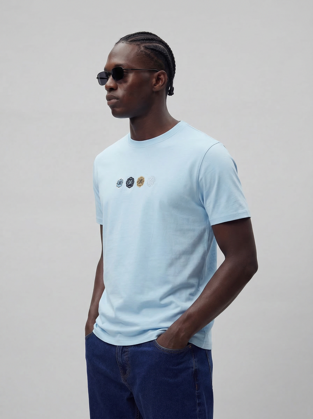 Light Blue Cotton Lycra Regular Fit Embrioded Round Neck T-Shirt