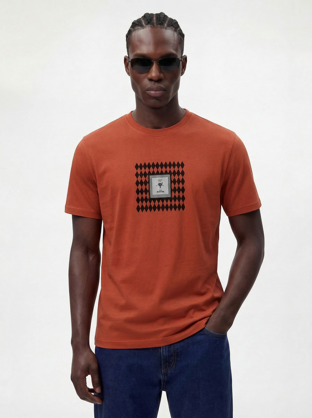 Rust Cotton Lycra Regular Fit Flock Round Neck T-Shirt