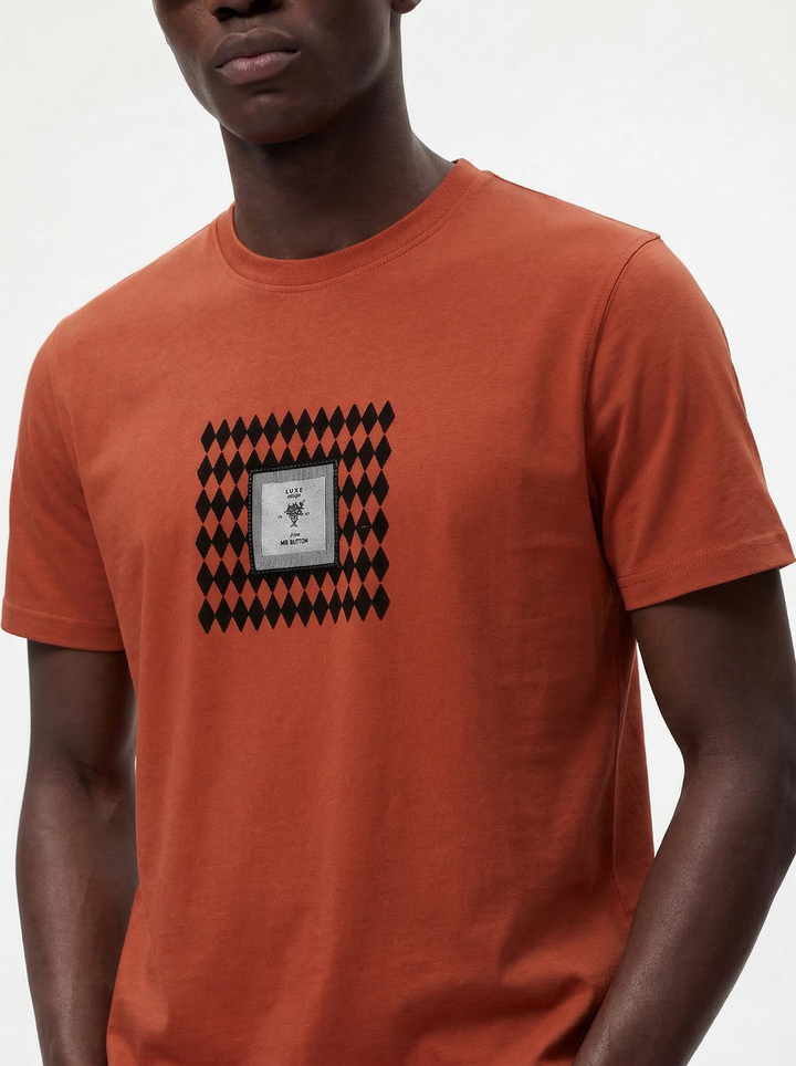 Rust Cotton Lycra Regular Fit Flock Round Neck T-Shirt