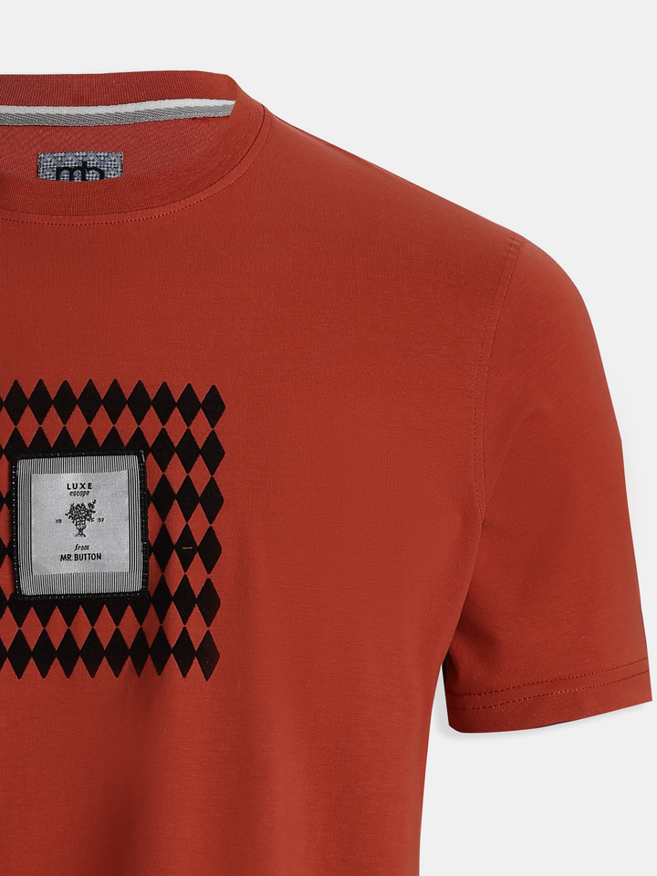 Rust Cotton Lycra Regular Fit Flock Round Neck T-Shirt
