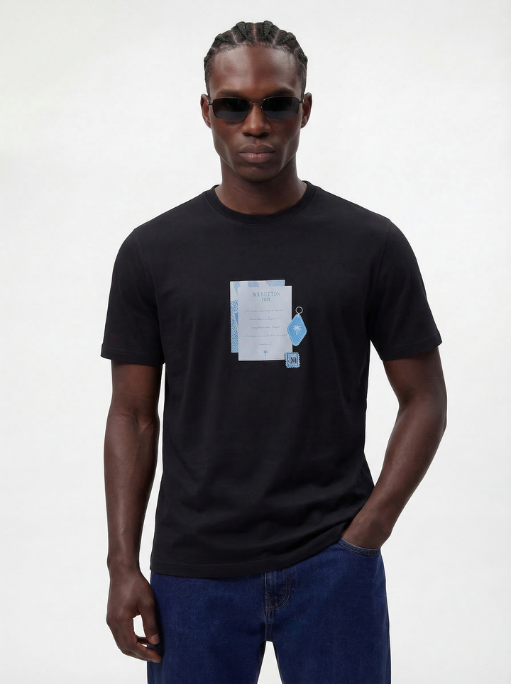 Black Cotton Lycra Regular Fit Printed Round Neck T-Shirt