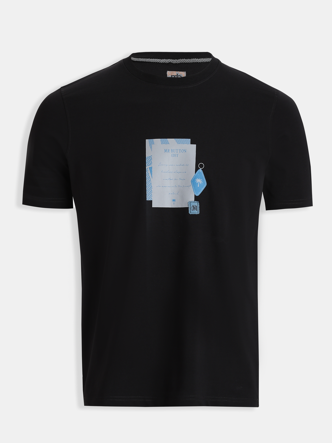 Black Cotton Lycra Regular Fit Printed Round Neck T-Shirt