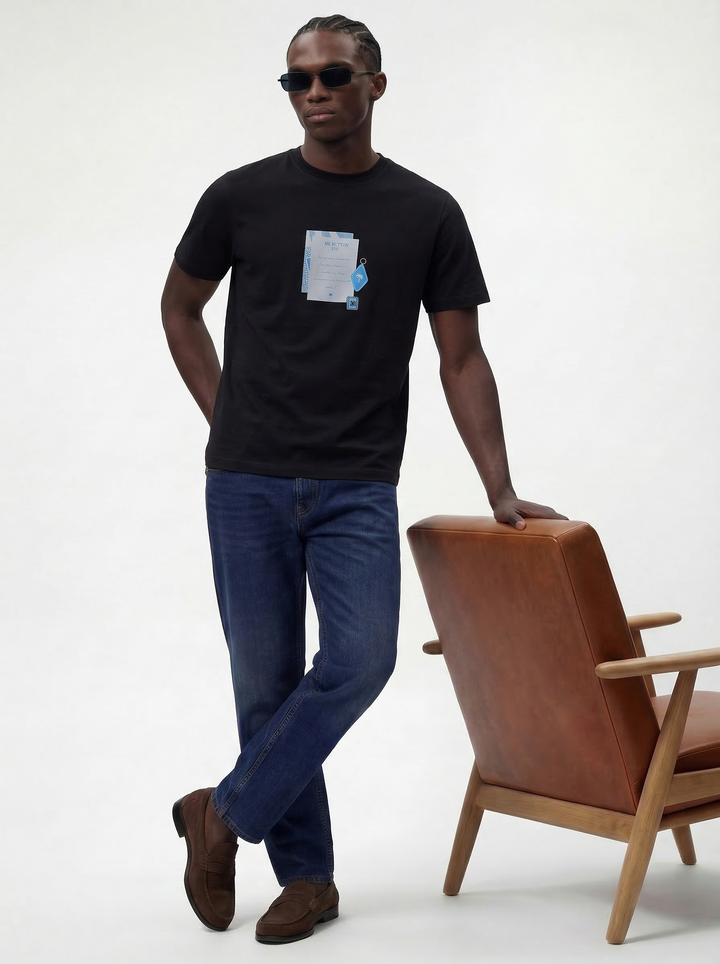 Black Cotton Lycra Regular Fit Printed Round Neck T-Shirt