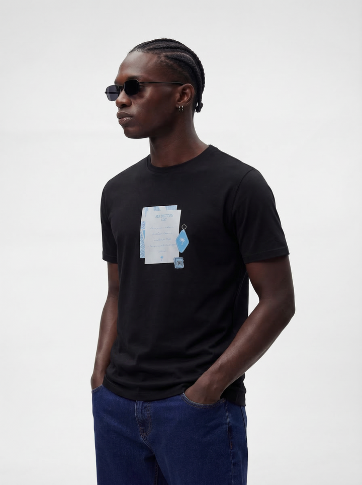 Black Cotton Lycra Regular Fit Printed Round Neck T-Shirt