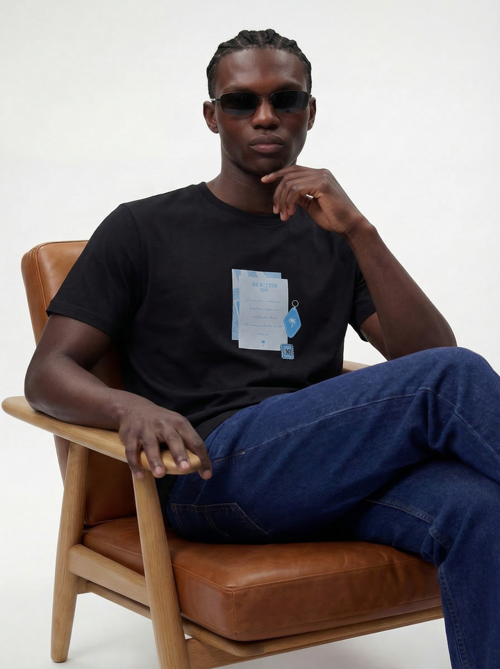 Black Cotton Lycra Regular Fit Printed Round Neck T-Shirt