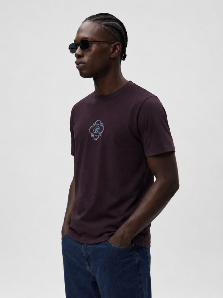 Wine  Cotton Lycra Regular Fit Embrioded Round Neck T-Shirt