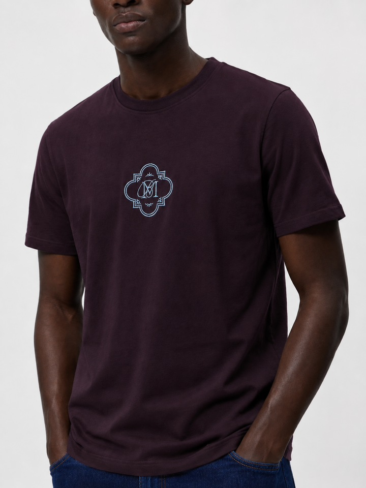 Wine  Cotton Lycra Regular Fit Embrioded Round Neck T-Shirt
