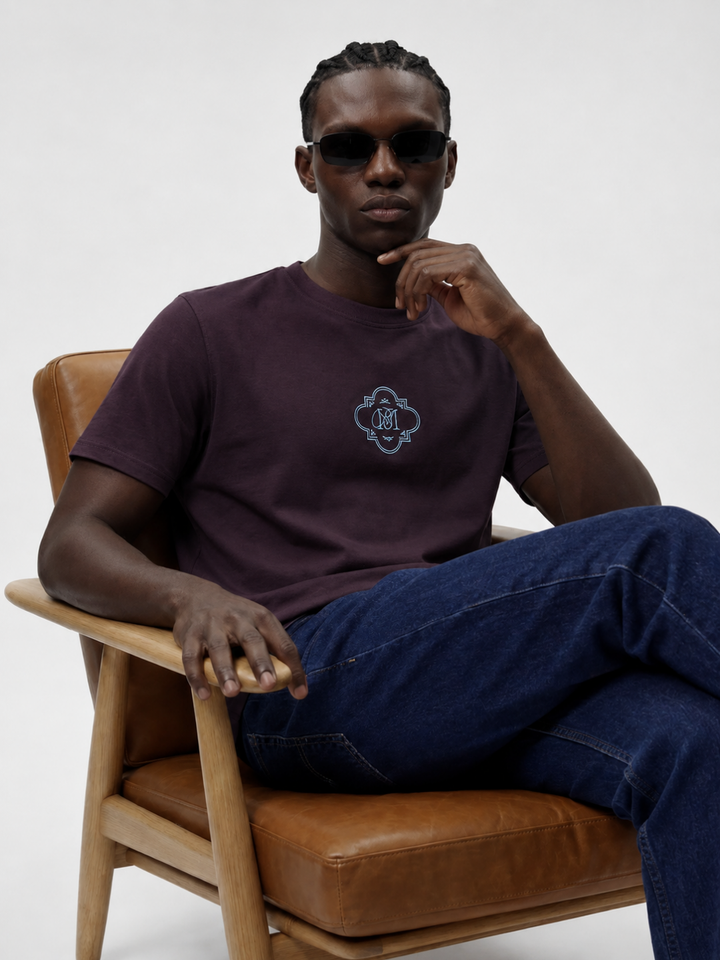 Wine  Cotton Lycra Regular Fit Embrioded Round Neck T-Shirt