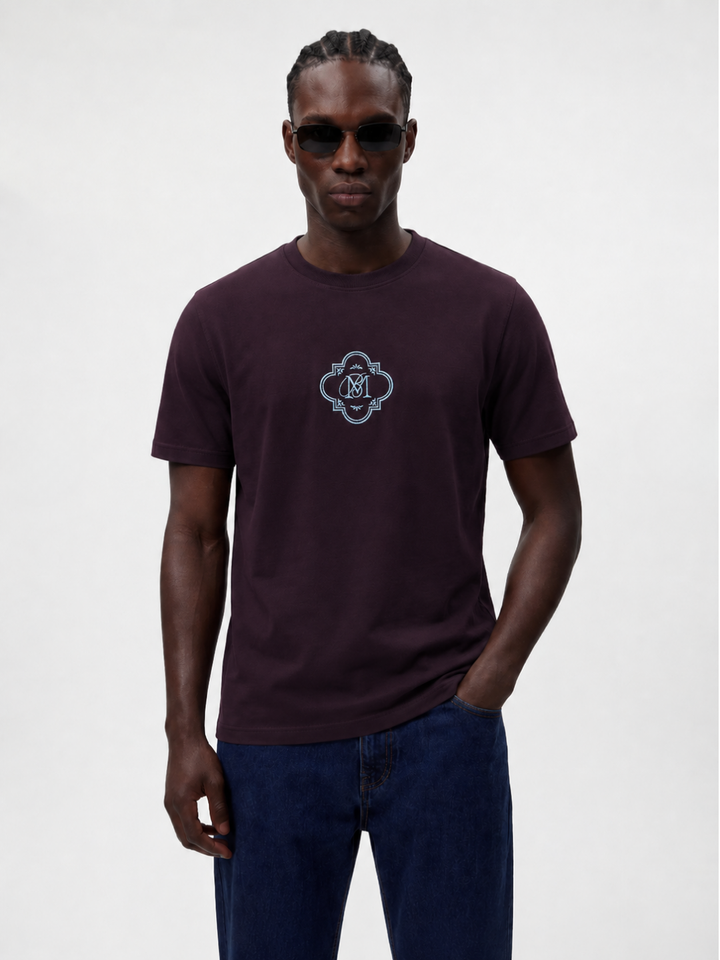 Wine  Cotton Lycra Regular Fit Embrioded Round Neck T-Shirt