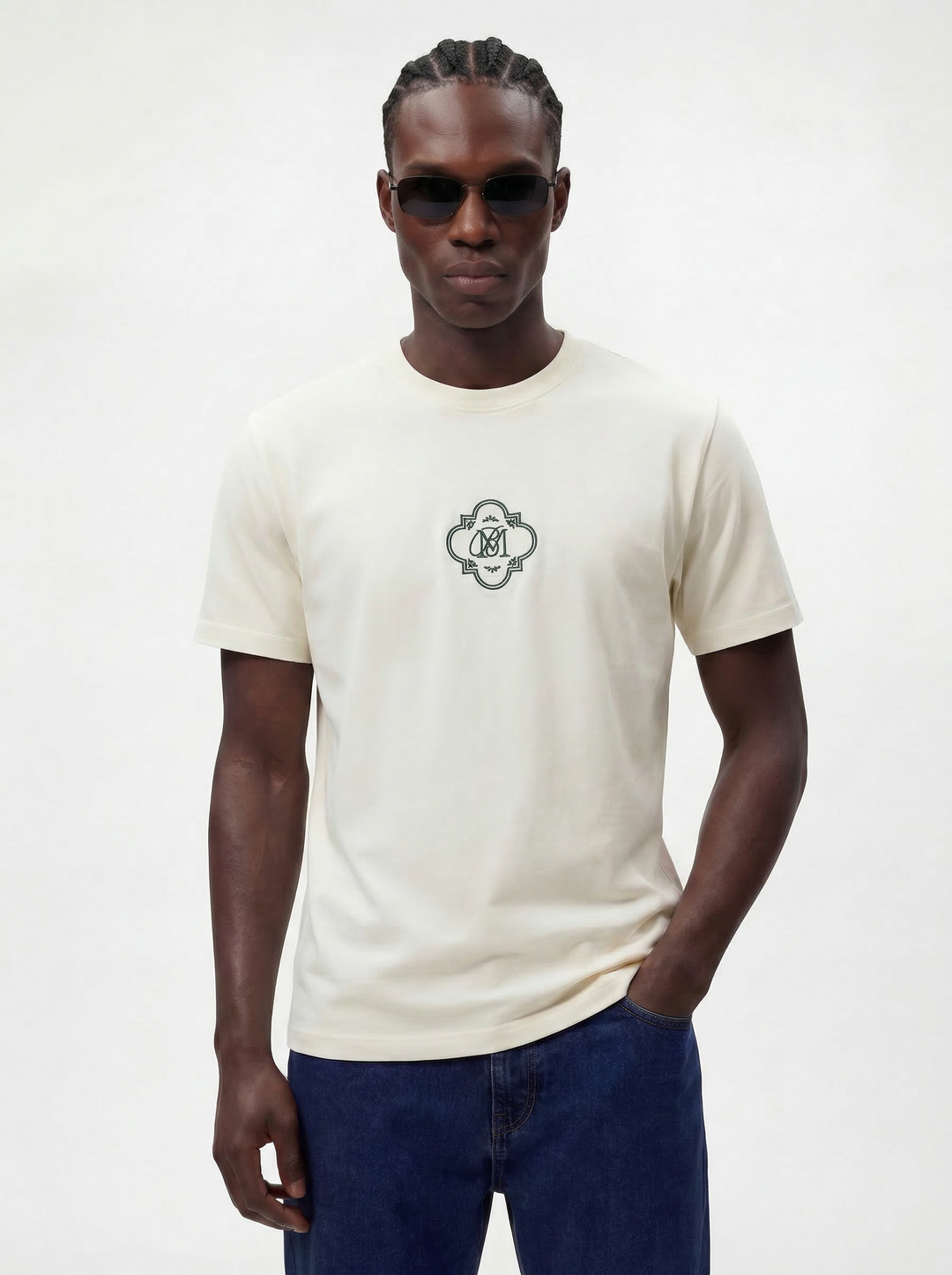 Offwhite Cotton Lycra Regular Fit Embrioded Round Neck T-Shirt