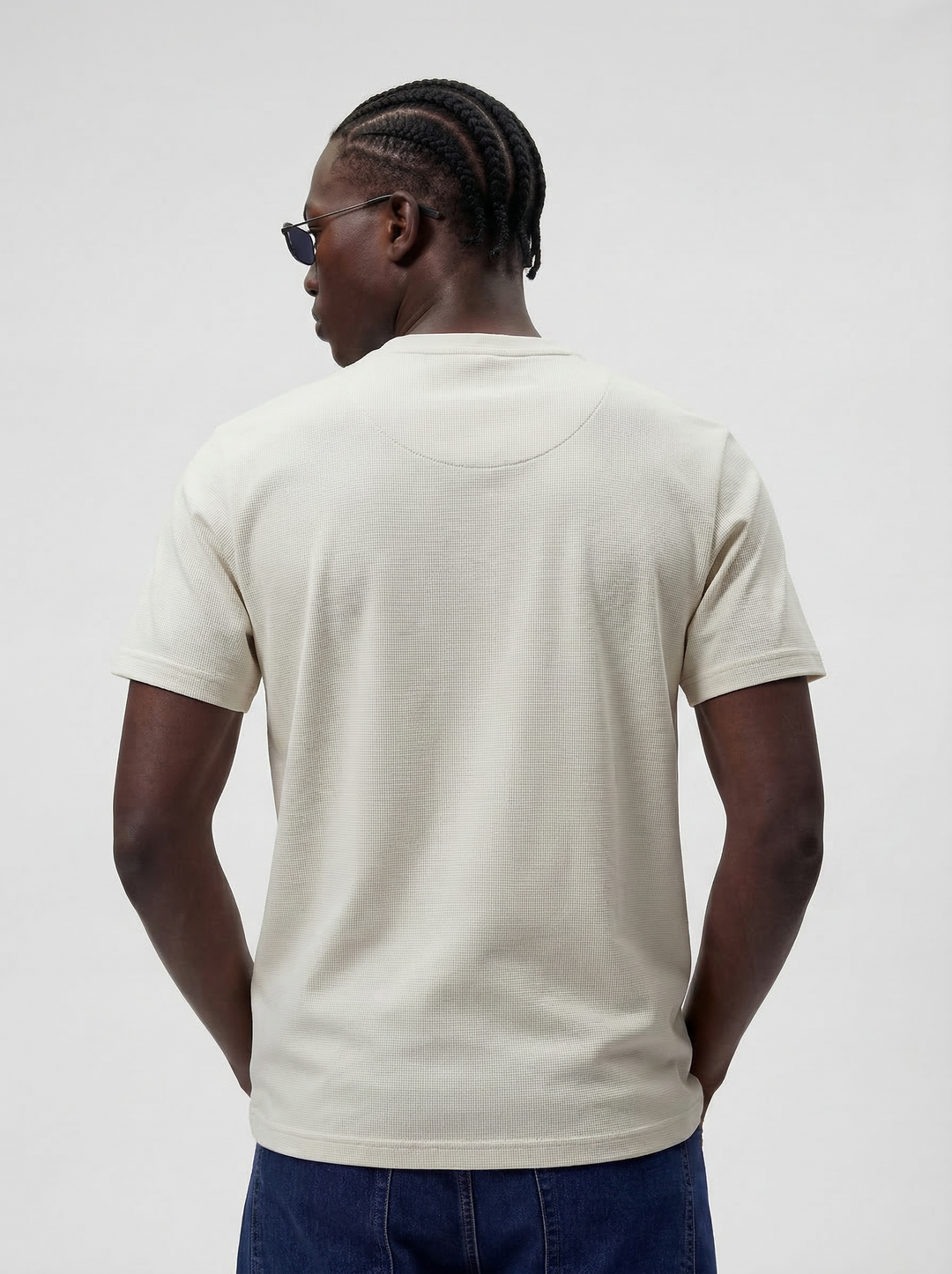 Offwhite Cotton Lycra Regular Fit Embrioded Round Neck T-Shirt