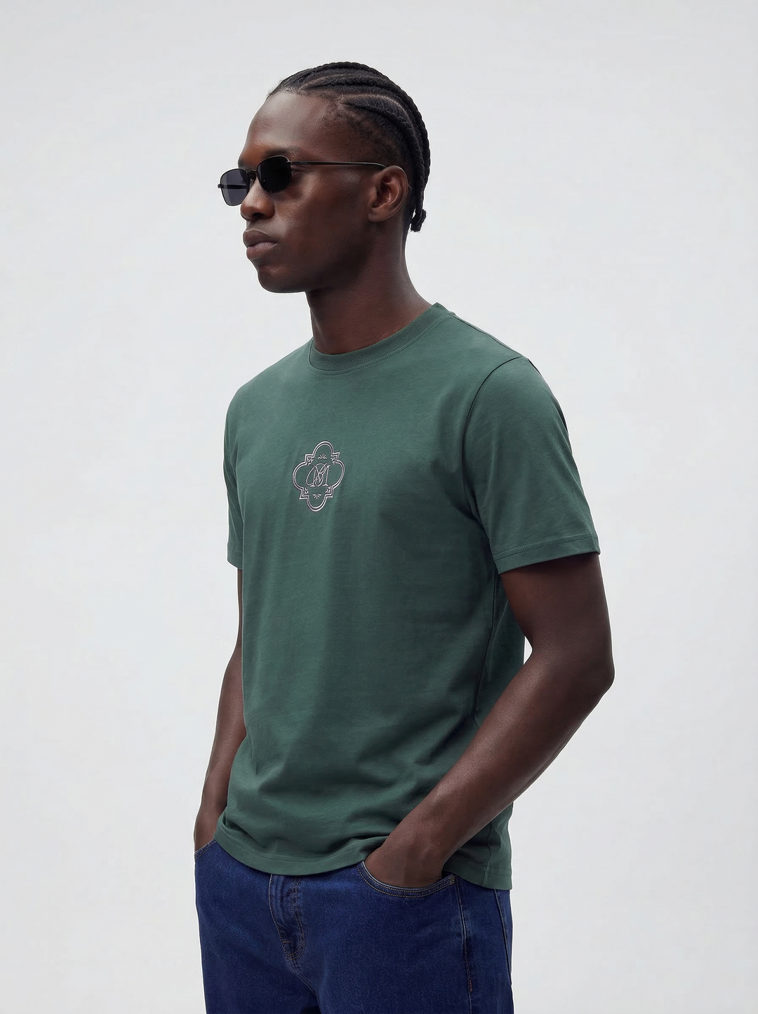 Green Cotton Lycra Regular Fit Embrioded Round Neck T-Shirt