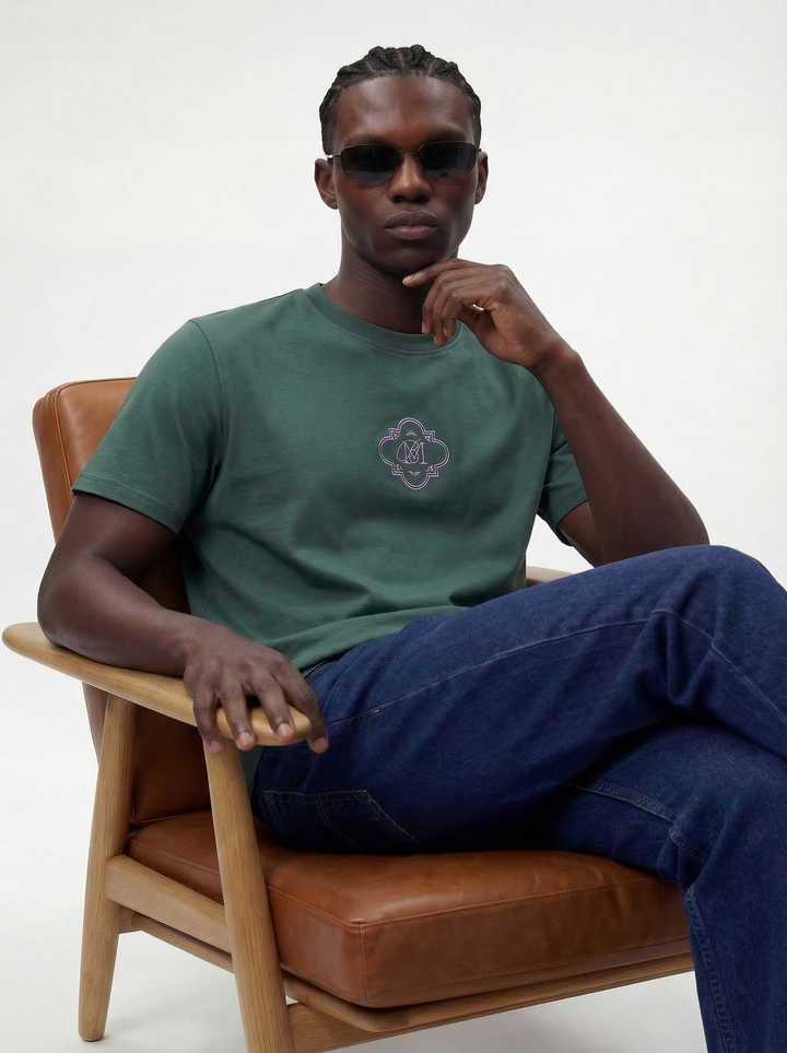 Green Cotton Lycra Regular Fit Embrioded Round Neck T-Shirt