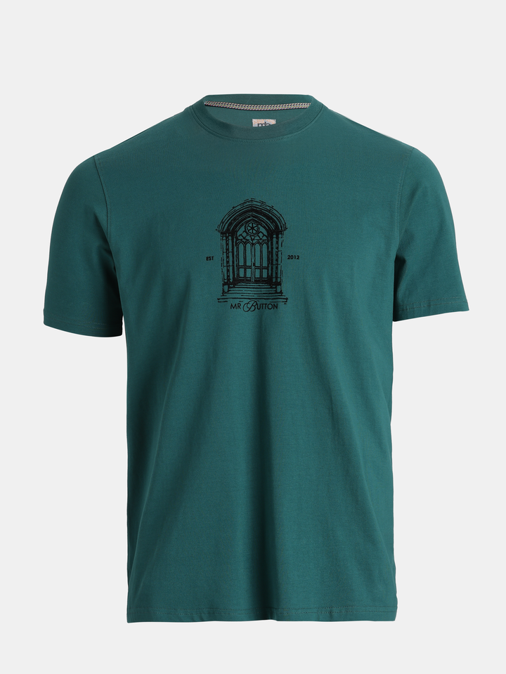 Dark Green Cotton Lycra Regular Fit Flock Round Neck T-Shirt