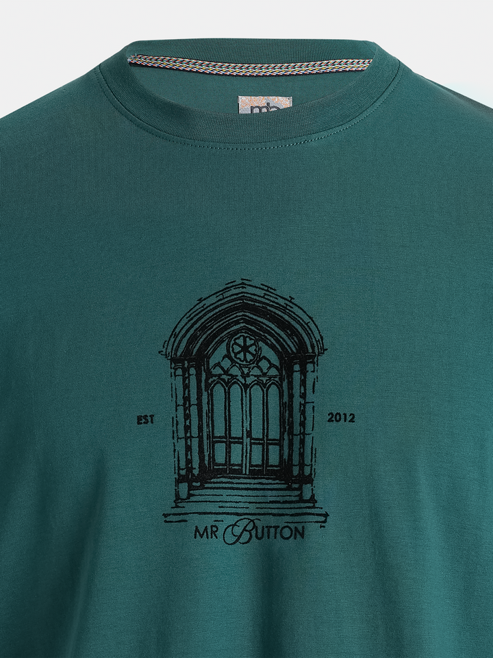 Dark Green Cotton Lycra Regular Fit Flock Round Neck T-Shirt