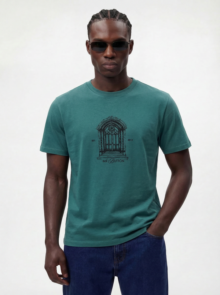 Dark Green Cotton Lycra Regular Fit Flock Round Neck T-Shirt