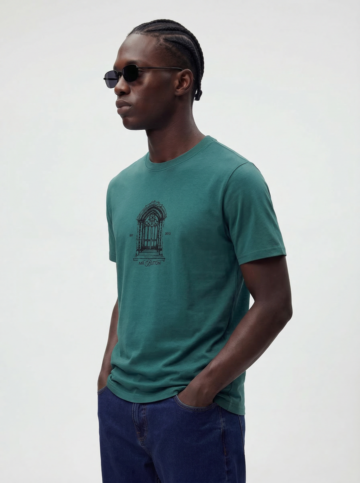 Dark Green Cotton Lycra Regular Fit Flock Round Neck T-Shirt