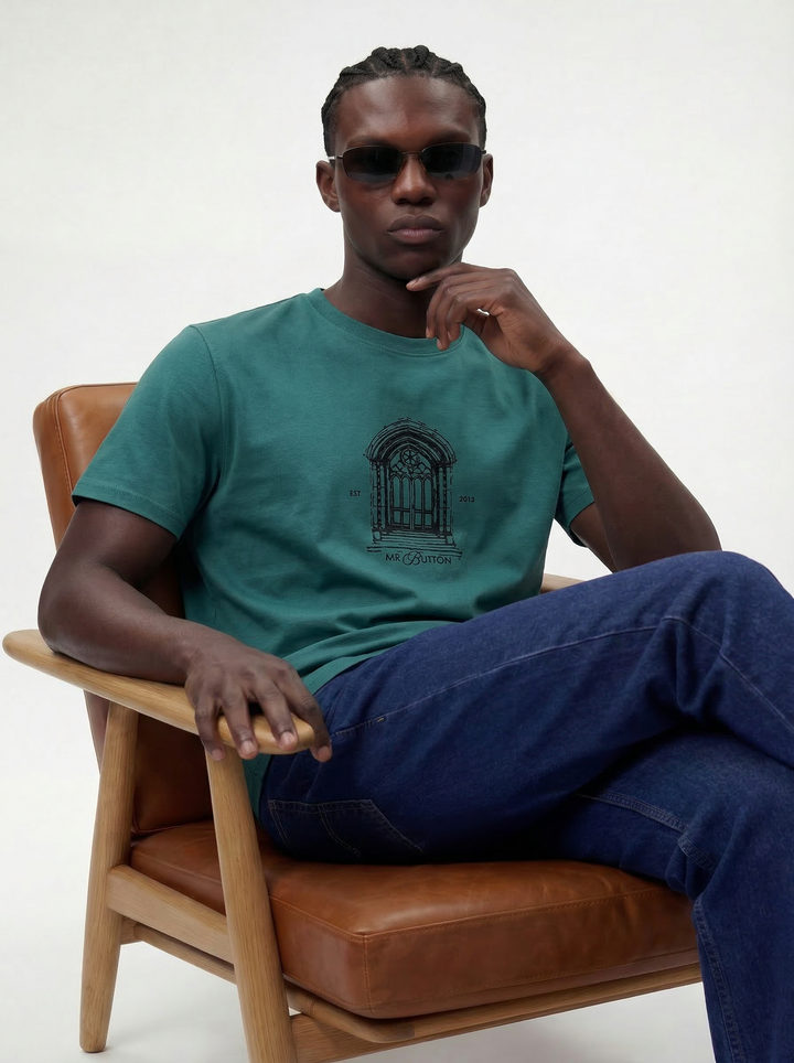 Dark Green Cotton Lycra Regular Fit Flock Round Neck T-Shirt