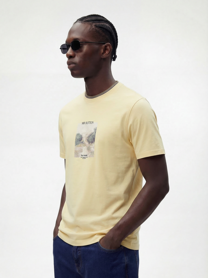 Yellow Cotton Lycra Regular Fit Printed Round Neck T-Shirt