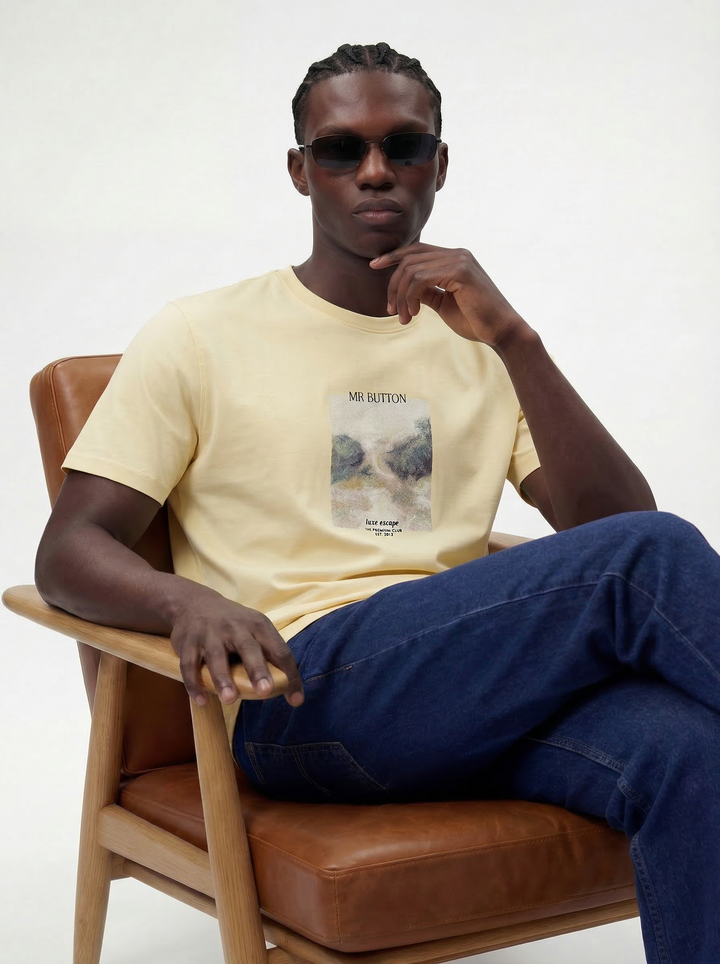 Yellow Cotton Lycra Regular Fit Printed Round Neck T-Shirt