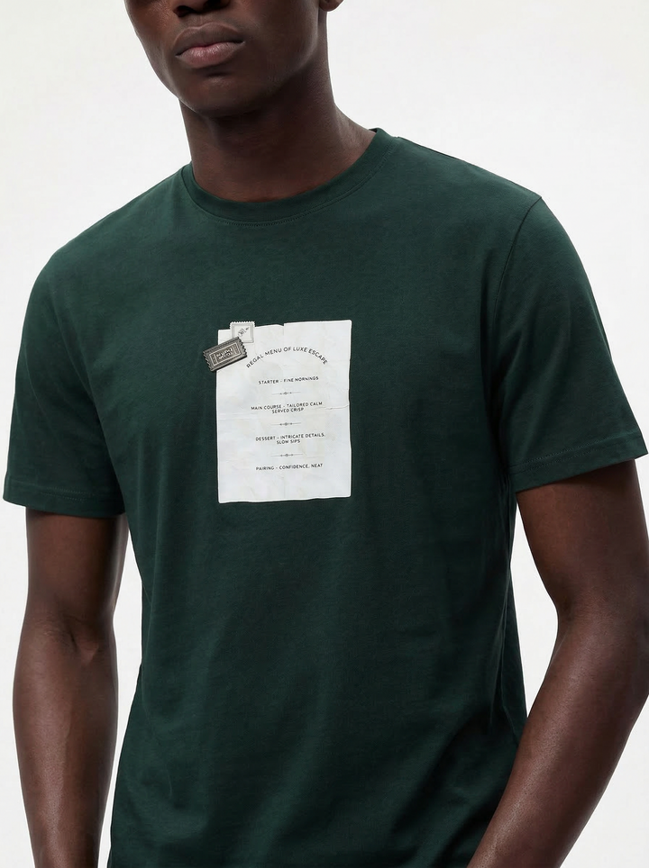 Dark Green Cotton Lycra Regular Fit Printed Round Neck T-Shirt