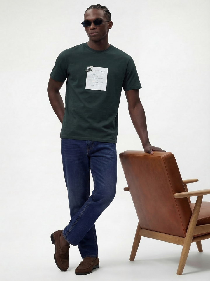 Dark Green Cotton Lycra Regular Fit Printed Round Neck T-Shirt