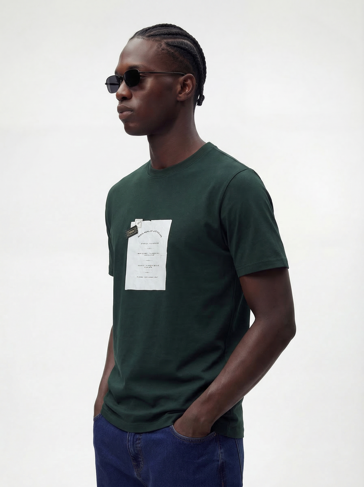 Dark Green Cotton Lycra Regular Fit Printed Round Neck T-Shirt