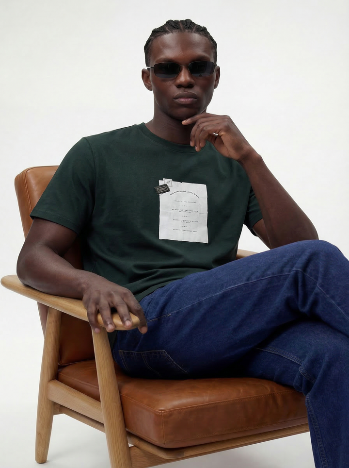 Dark Green Cotton Lycra Regular Fit Printed Round Neck T-Shirt