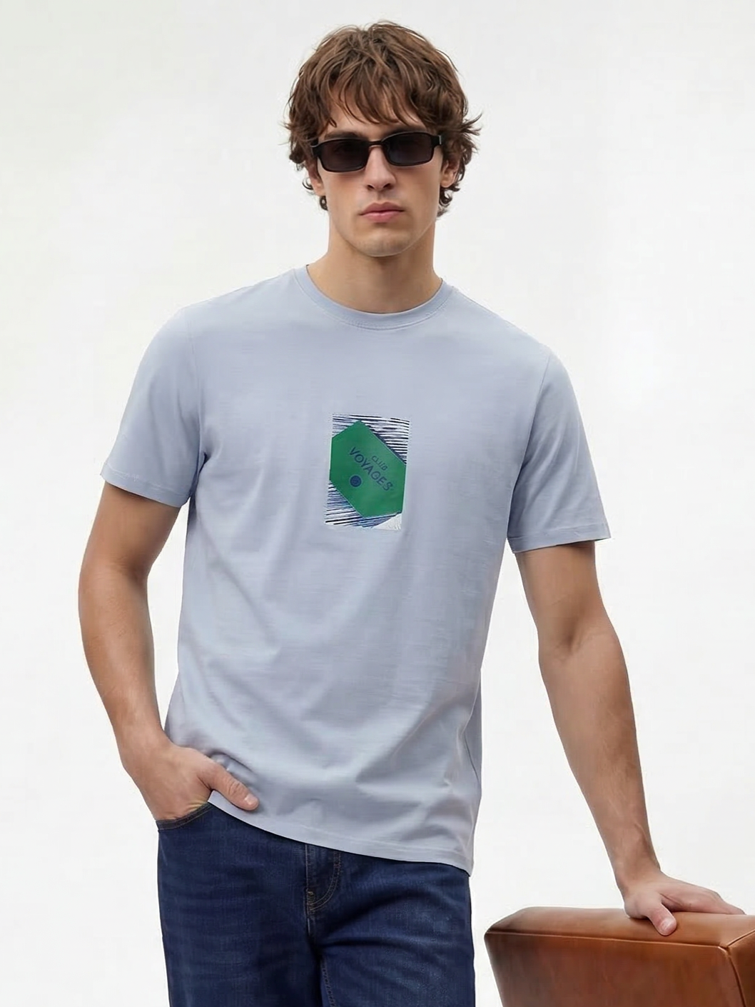 Blue Cotton Lycra Regular Fit Printed Round Neck T-Shirt