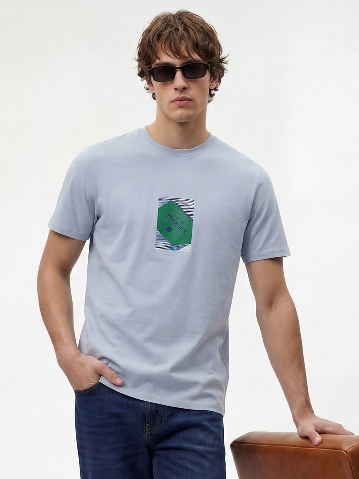 Blue Cotton Lycra Regular Fit Printed Round Neck T-Shirt