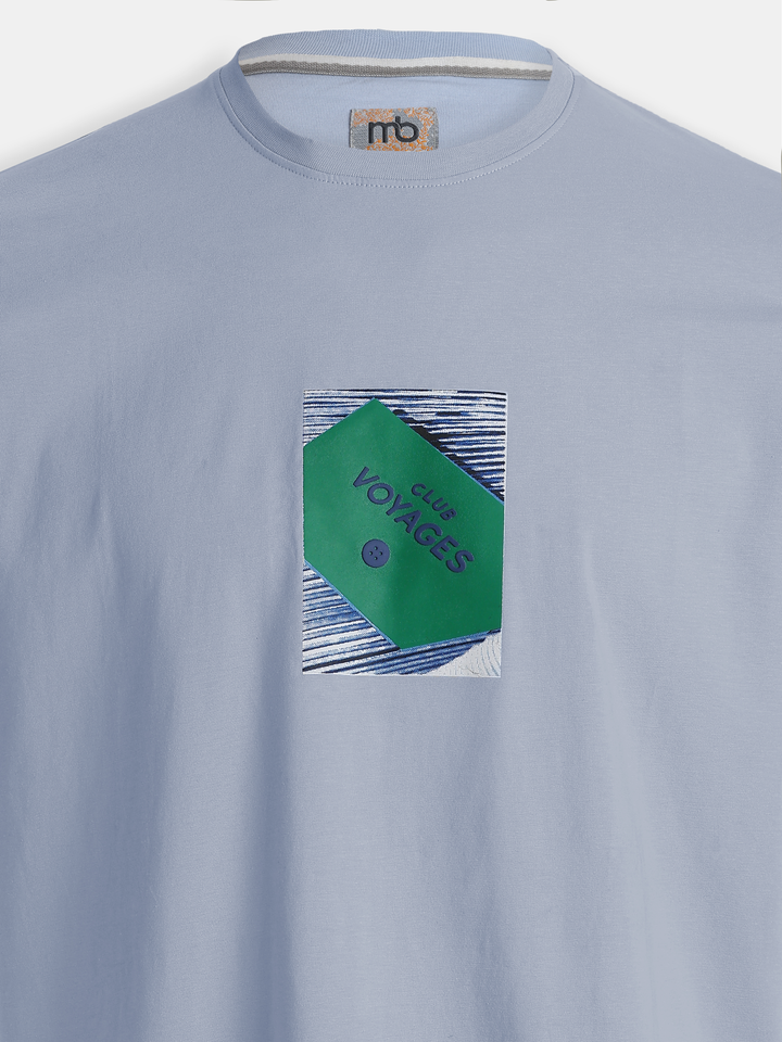 Blue Cotton Lycra Regular Fit Printed Round Neck T-Shirt