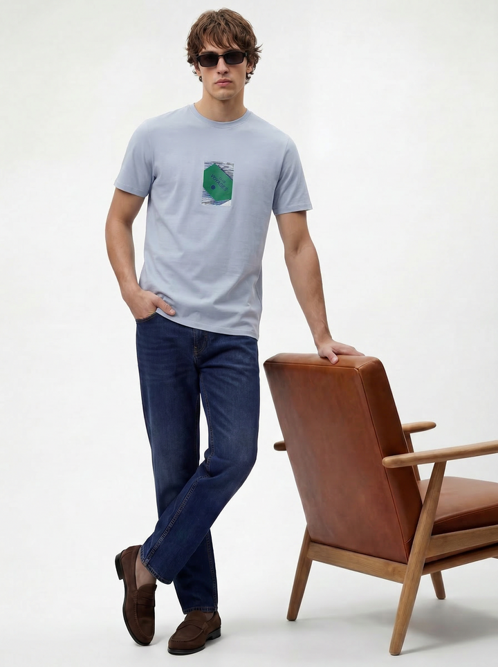 Blue Cotton Lycra Regular Fit Printed Round Neck T-Shirt