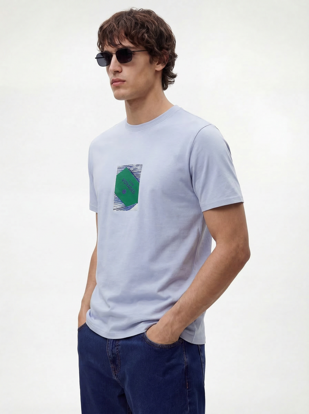 Blue Cotton Lycra Regular Fit Printed Round Neck T-Shirt