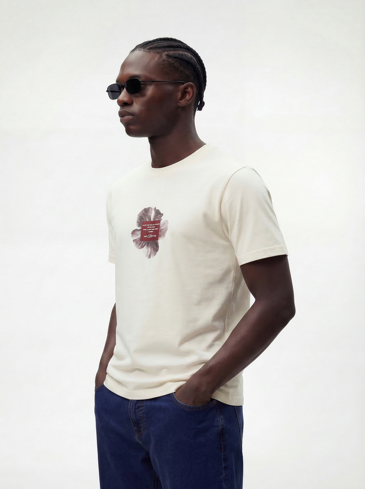 Cream Cotton Lycra Regular Fit Printed Round Neck T-Shirt