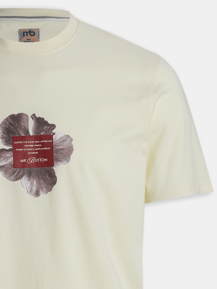 Cream Cotton Lycra Regular Fit Printed Round Neck T-Shirt