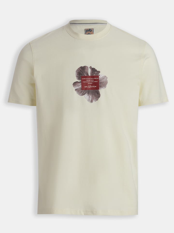 Cream Cotton Lycra Regular Fit Printed Round Neck T-Shirt
