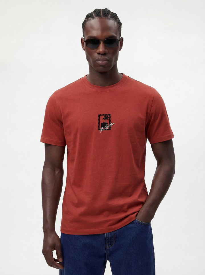 Rust Cotton Lycra Regular Fit Embrioded Round Neck T-Shirt